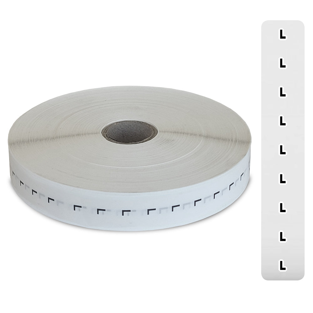 Eddie's Sizer Sticker Strips - L - Black & White Print on Clear - 3/4"x 4-1/2" - 1000 Per Roll
