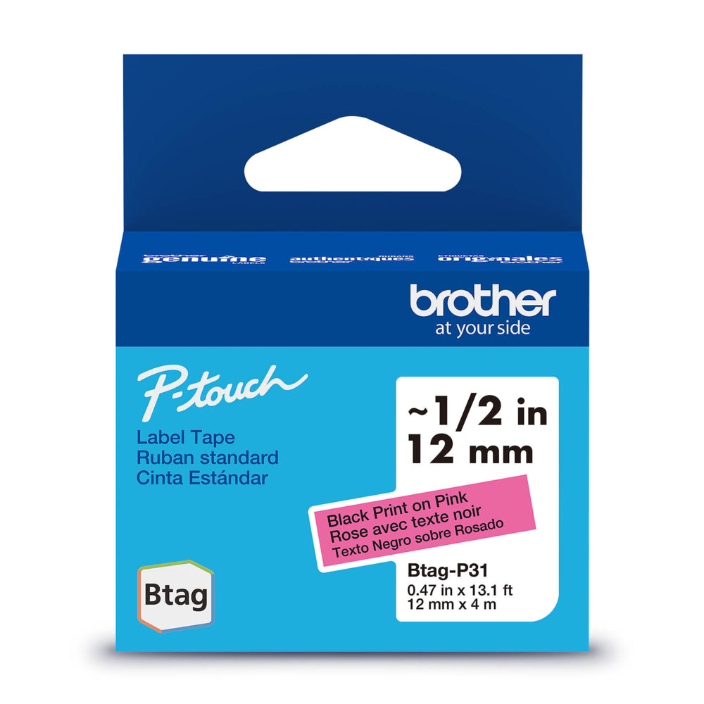 Ruban d'étiquettes Brother BTAGP31 d'origine pour étiqueteuses P-touch - Noir sur rose - 12 mm l x 4 m L