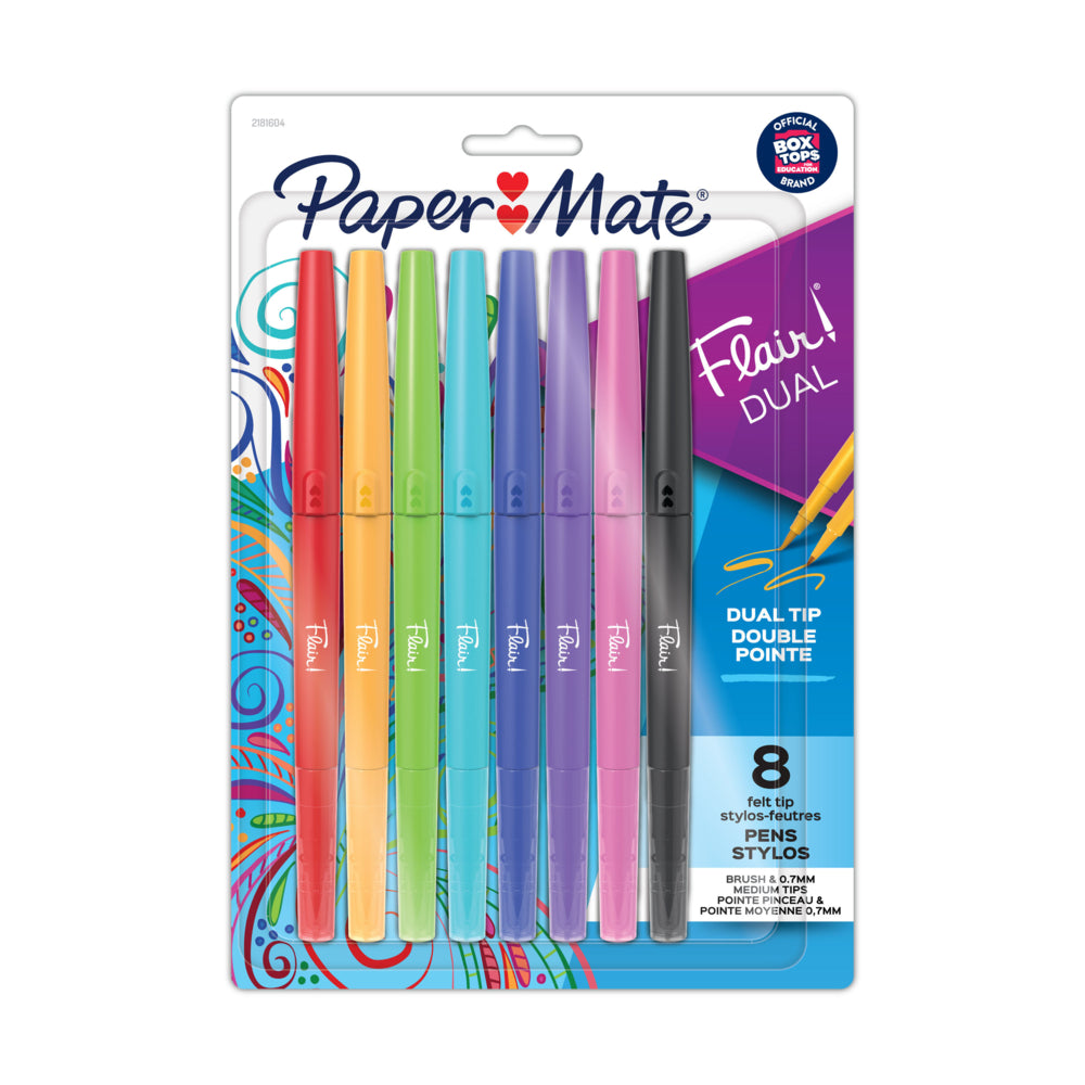 Paper Mate Flair Dual Felt Pens - Brush/Medium Tip - 0.7mm - Assorted Colours - Set of 8