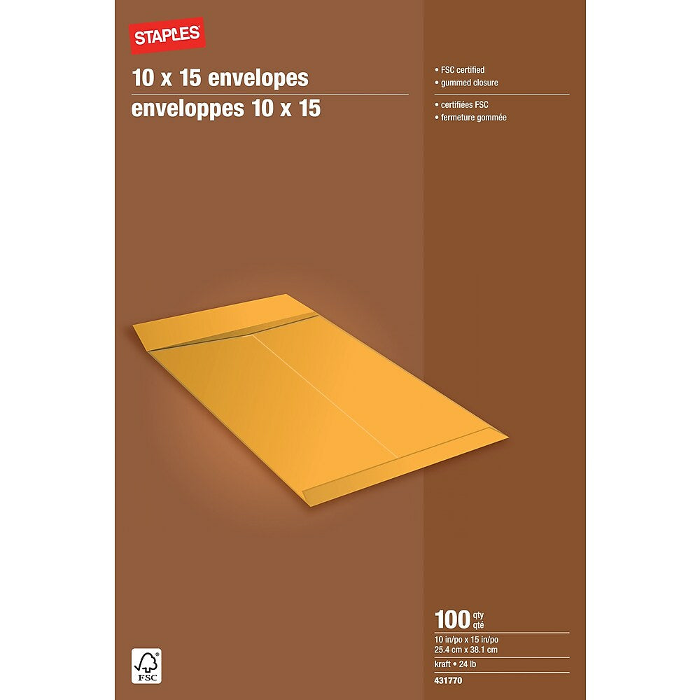Staples Kraft Catalogue Envelopes with Gummed Flaps - 10" x 15" - Brown - 100 Pack