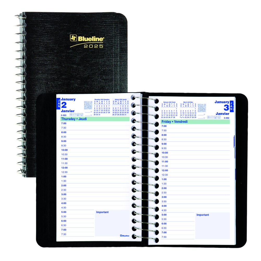 Blueline 2025 Daily Planner Spiral Binding Soft Lizard-Like Cover - 6" x 3-1/2" - Black - Bilingual