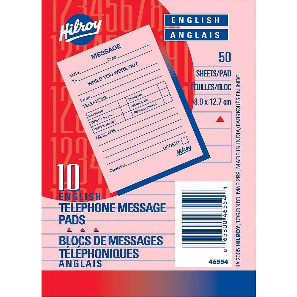 Blocs de messages téléphoniques Hilroy, 8,9 cm x 12,7 cm, 50 feuilles, anglais, paquet de 10