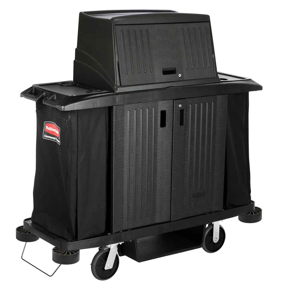 Chariot de ménage Rubbermaid Commercial pleine grandeur avec capot et portes - Noir