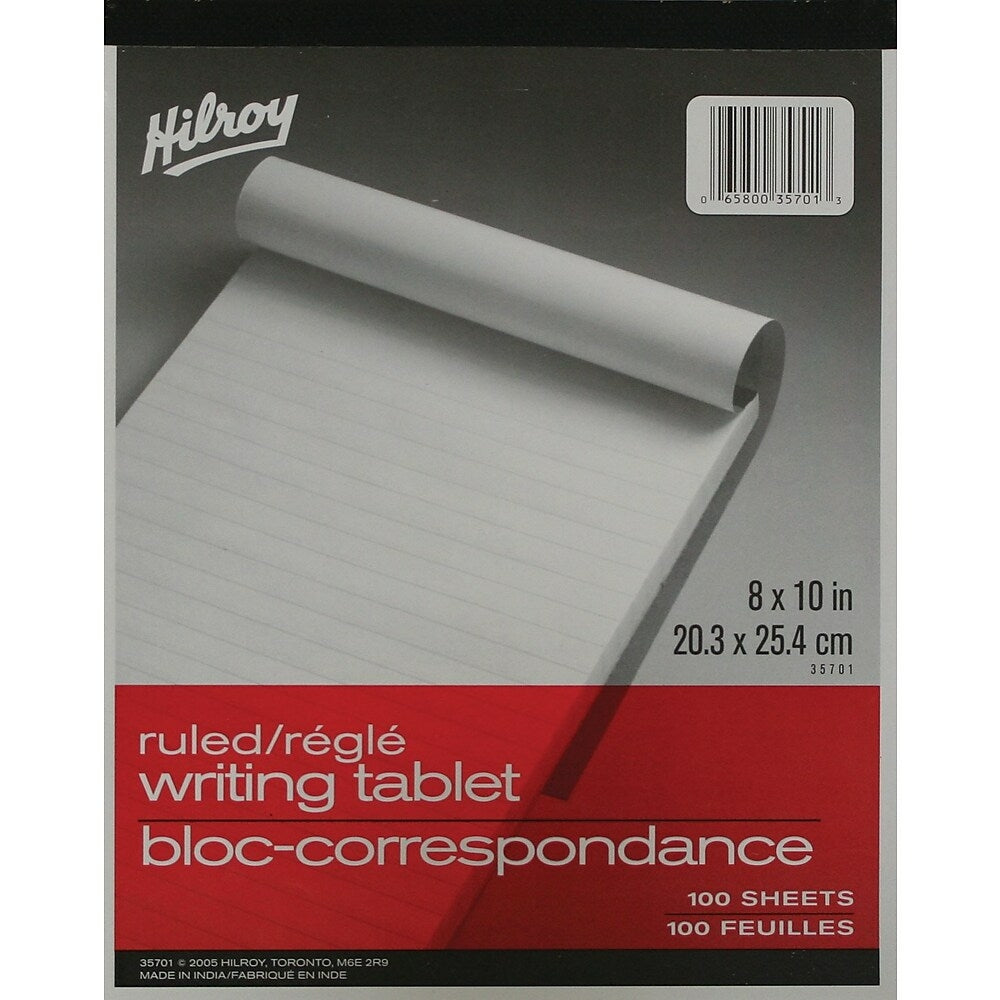 Tablettes d'écriture Hilroy, 20,3 x 25,4 cm, lignées, blanches, 100 feuilles
