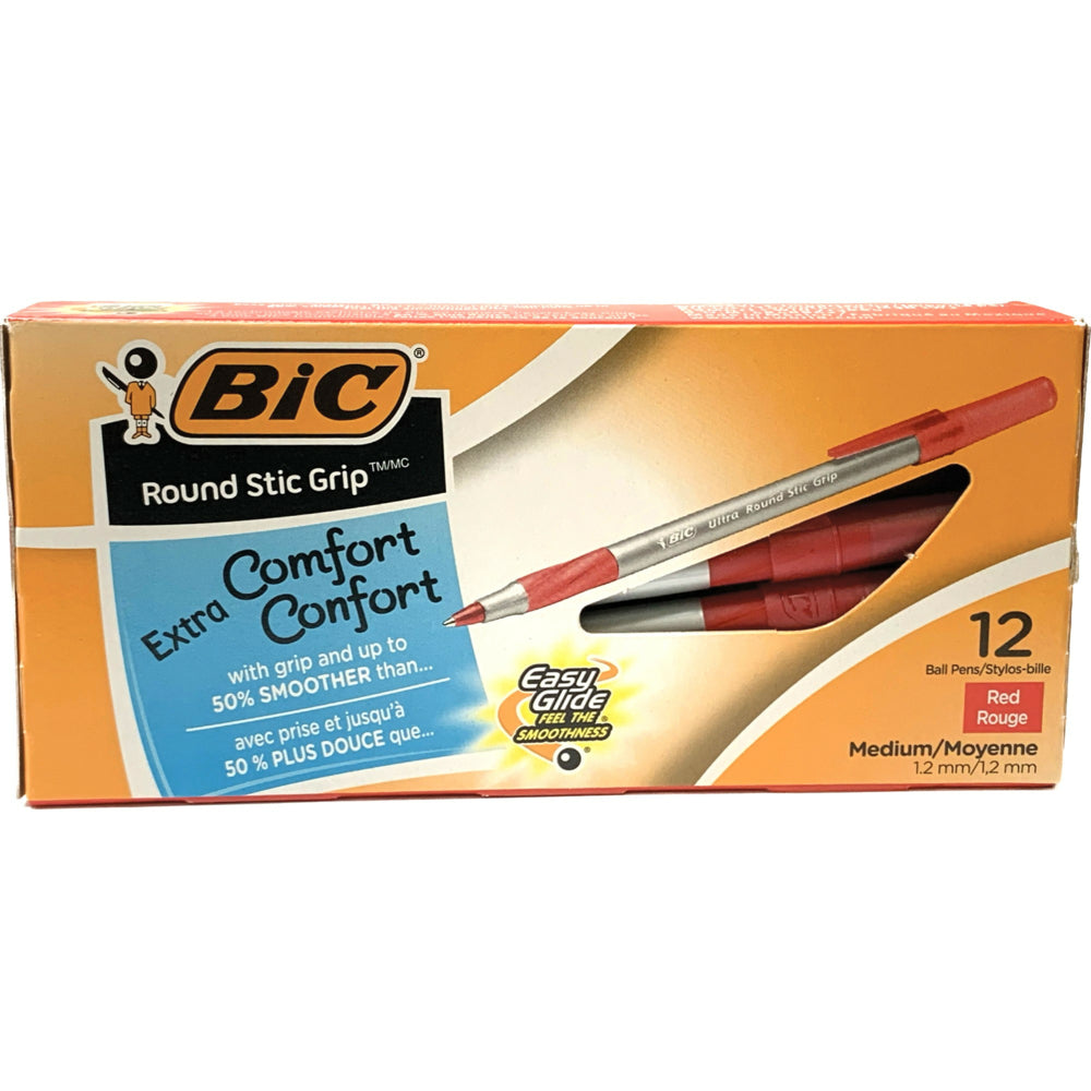 BIC Ultra Round Stic Grip Ballpoint Pens - 1.2mm - Red - 12 Pack