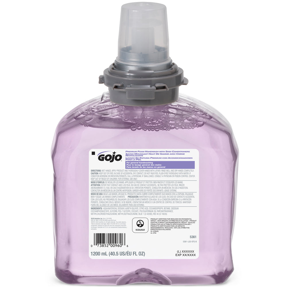 Recharge de savon mousse pour les mains Gojo Premium avec revitalisants pour la peau pour distributeur TFX - 1 250 ml - Lot de 2