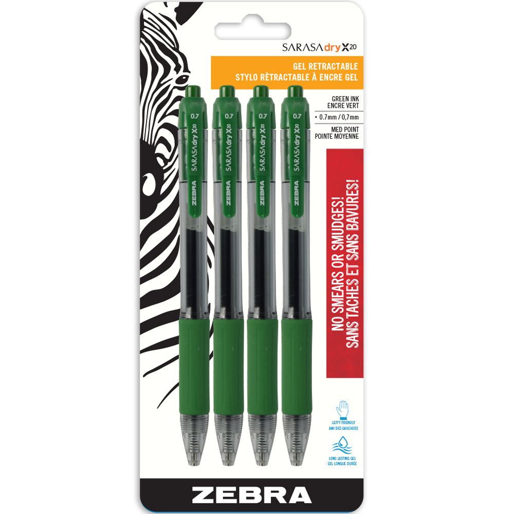 Stylos gel Zebra Sarasa à séchage rapide, rétractables, 0,7 mm, vert, lot de 4 (46884STP)