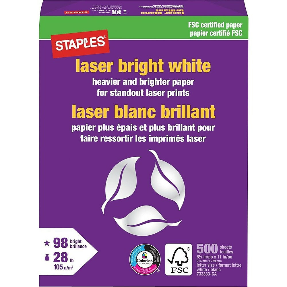 Papier blanc brillant laser Staples certifié FSC - 28 lb - 8,5 po x 11 po - Blanc - 500 feuilles