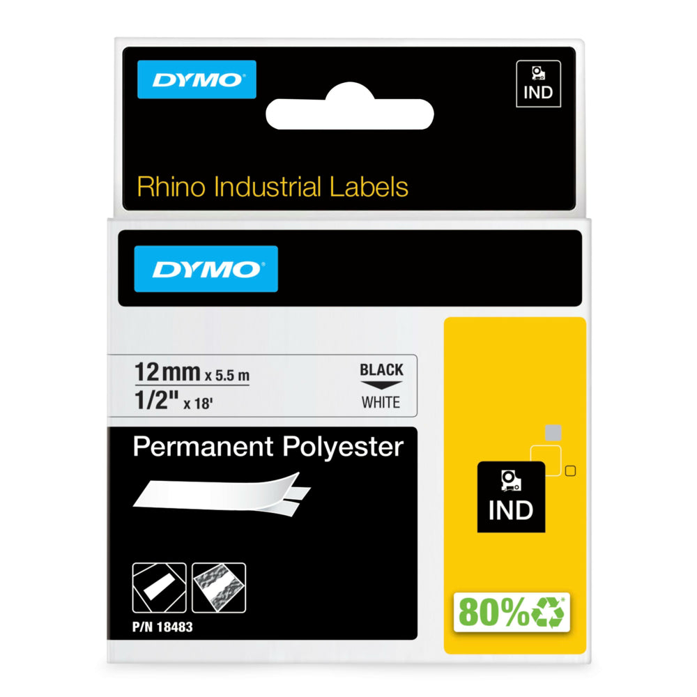 Ruban d'étiquettes DYMO Rhino, 12 mm (1/2"), noir sur blanc, poly