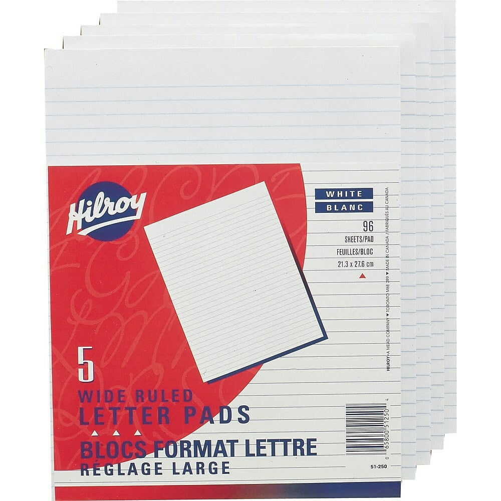 Bloc de dessin Hilroy, 8-3/8" x 10-7/8", larges lignes, blanc, 5 blocs/paquet, 96 feuilles par bloc