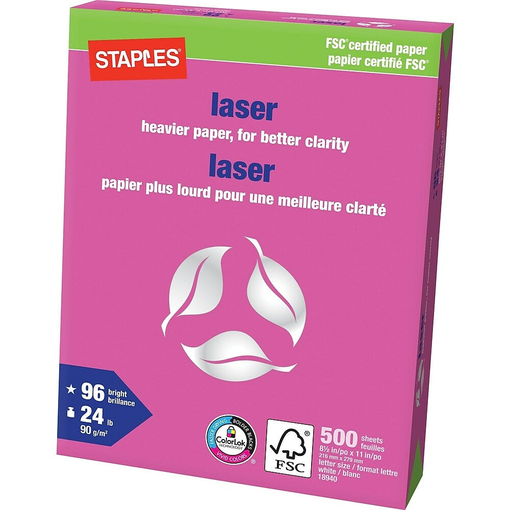Papier laser certifié FSC Staples - 24 lb - 8,5" x 11", blanc - 500 feuilles