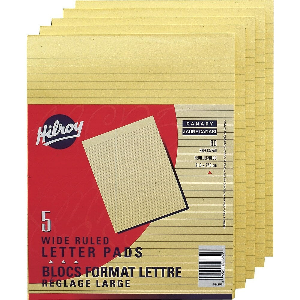 Hilroy Figuring Pads, 8-3/8" x 10-7/8", Wide-Ruled, Canary, 80 Sheets, 5 Pack
