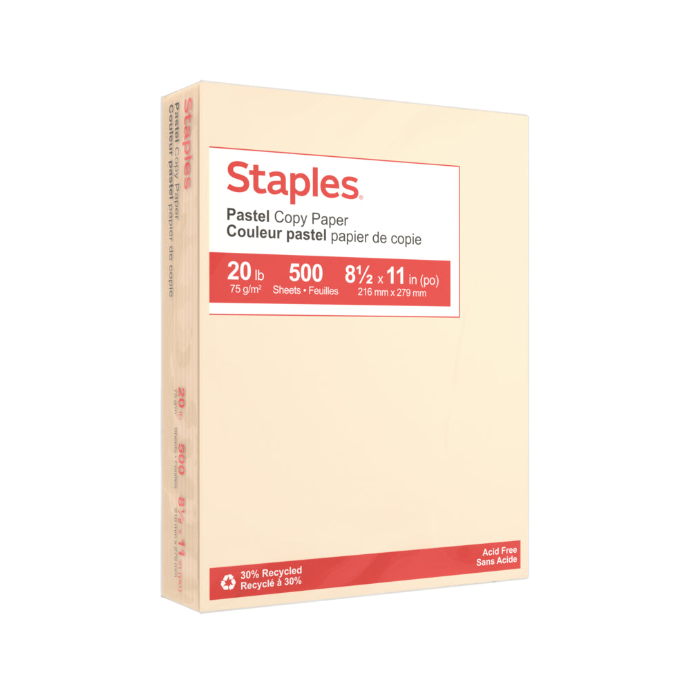 Papier photocopie Staples 30 % recyclé couleur pastel - Format lettre - 8-1/2" x 11" - Crème - 500 feuilles