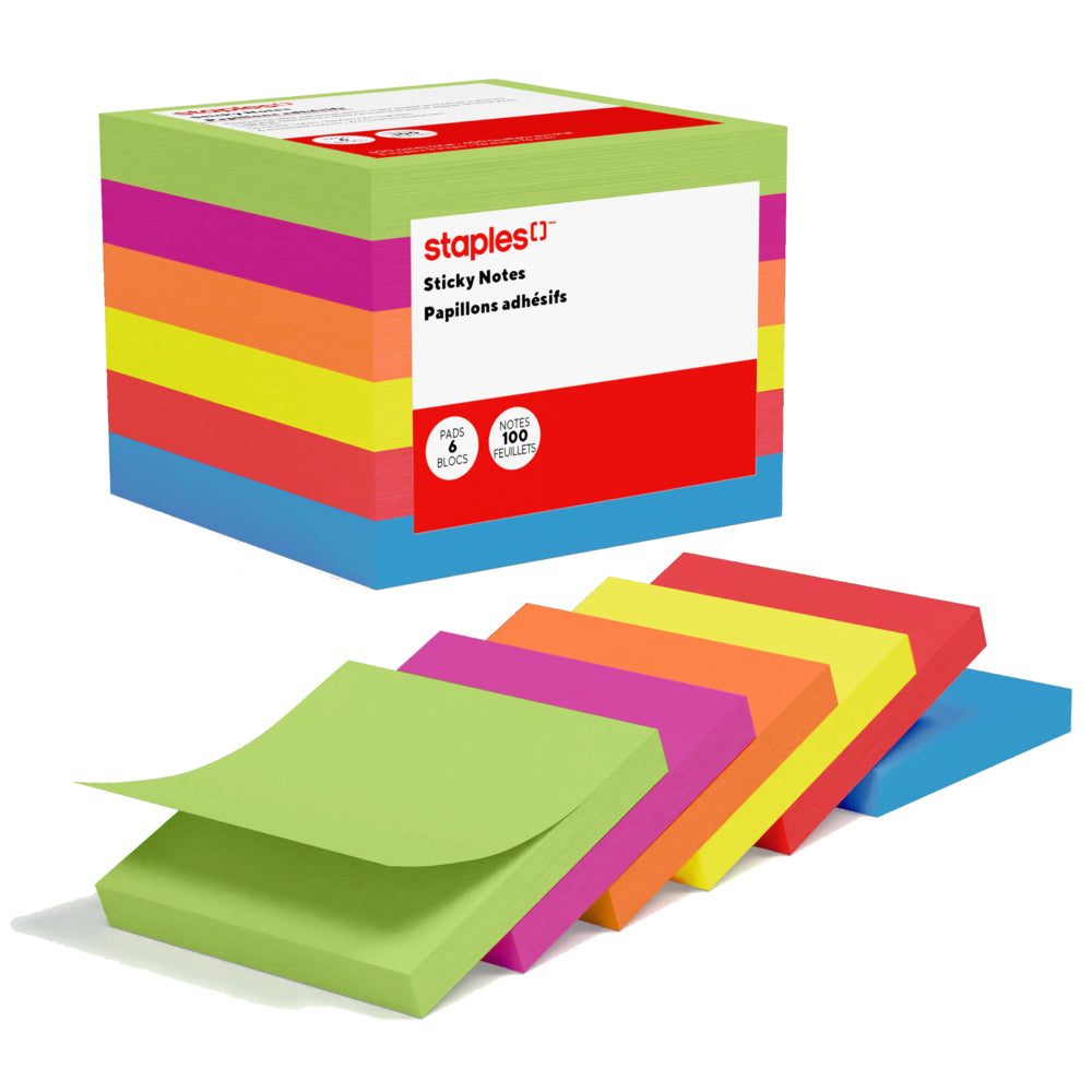 Bloc-notes adhésifs ultra-pratiques Staples Pop-Up - 7,6 cm x 7,6 cm - Collection Brise d'été - Paquet de 6