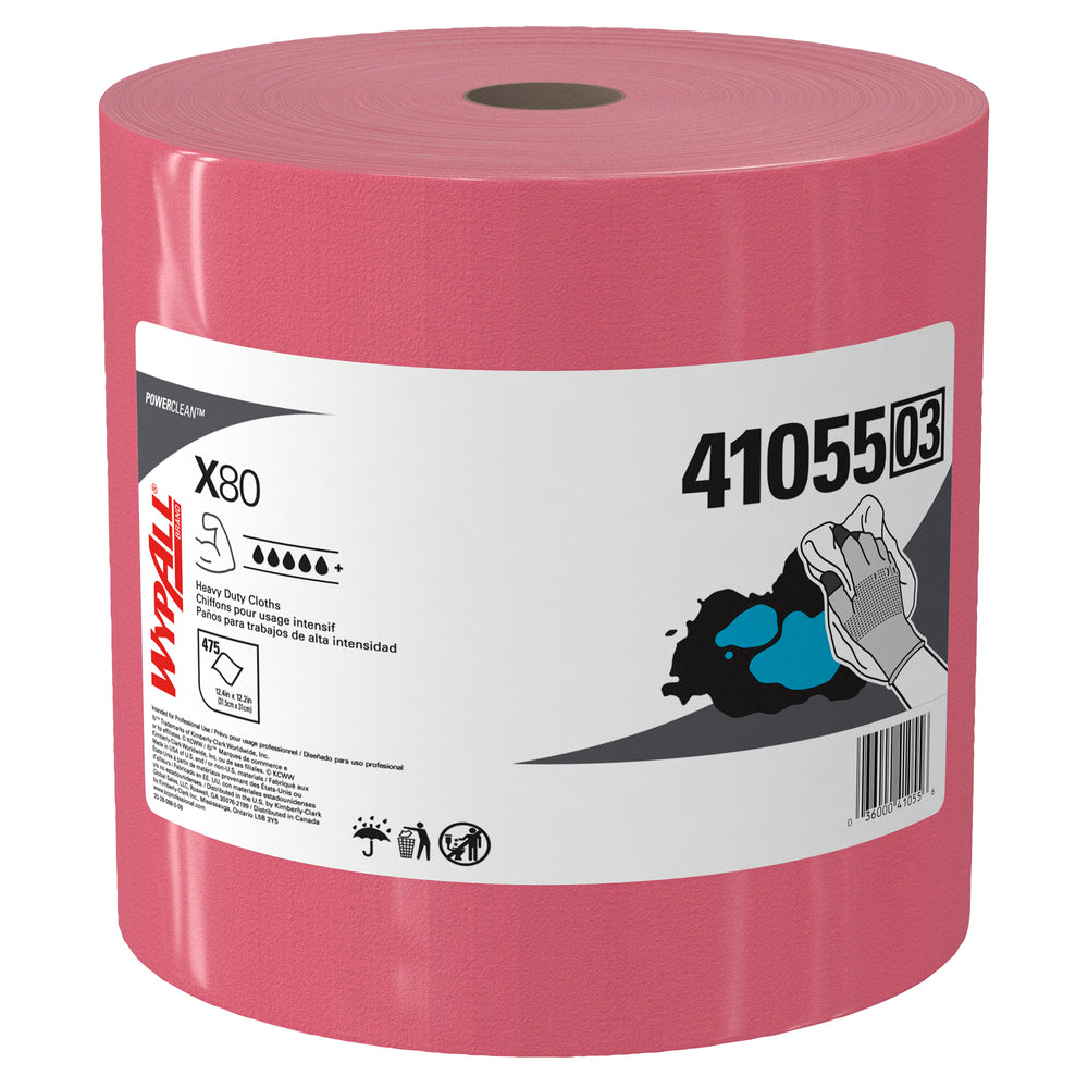 WypAll Power Clean X80 Heavy Duty Cloths (41055) - Extended Use Cloths Jumbo Roll - Red - 475 Sheets