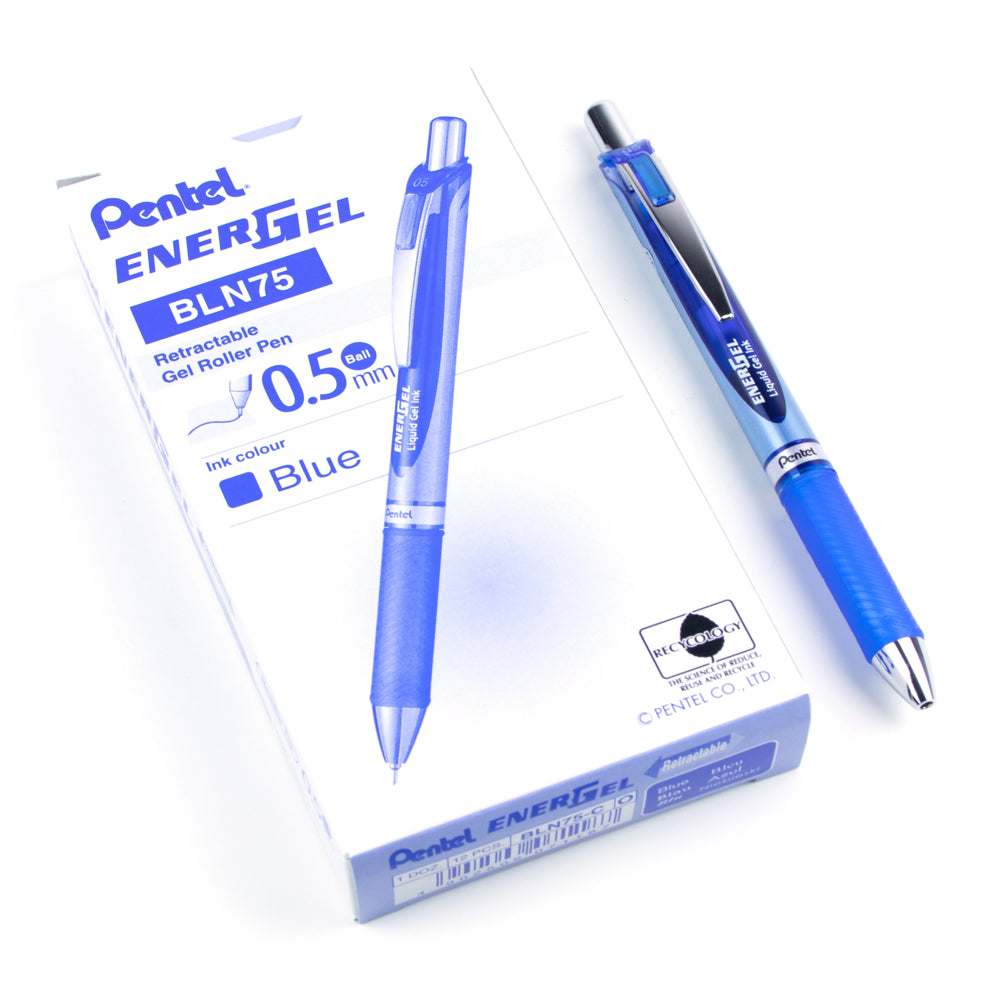 Stylo roller à encre gel rétractable Pentel EnerGel - Pointe aiguille - 0,5 mm - Bleu - Lot de 12