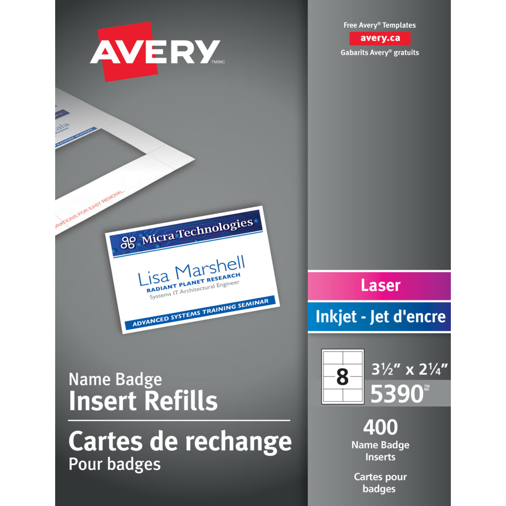 Avery White Laser/Inkjet Name Tag Insert Refill Cards, 3-1/2" x 2-1/4", 400 Pack (05390)