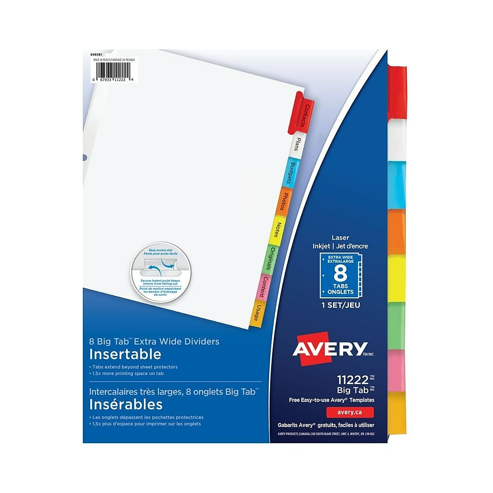 Intercalaires insérables à grands onglets Avery 9" x 11" pour imprimantes laser et jet d'encre - 8 onglets - Multicolore