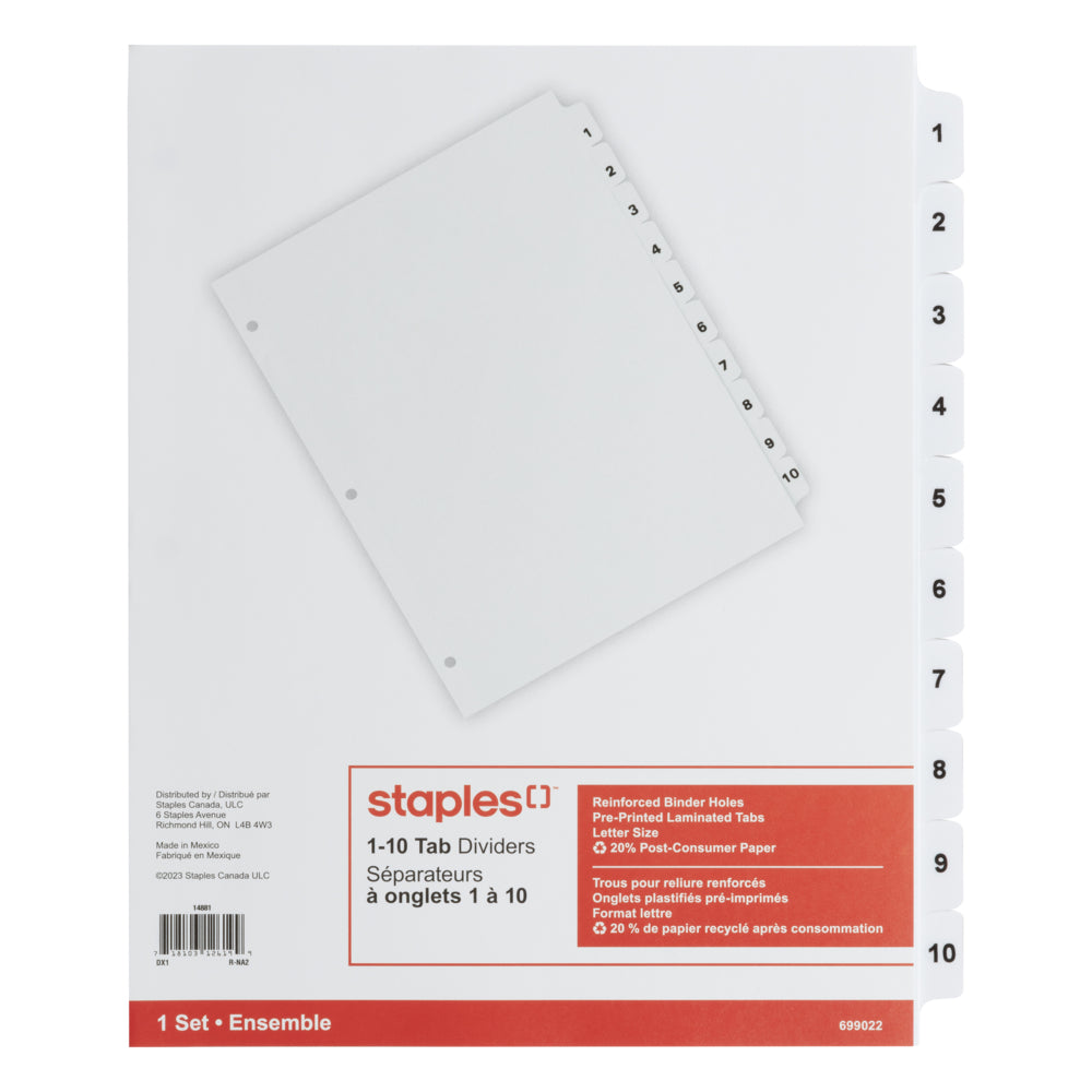 Intercalaires pré-imprimés Staples format lettre - 10 onglets - Blanc
