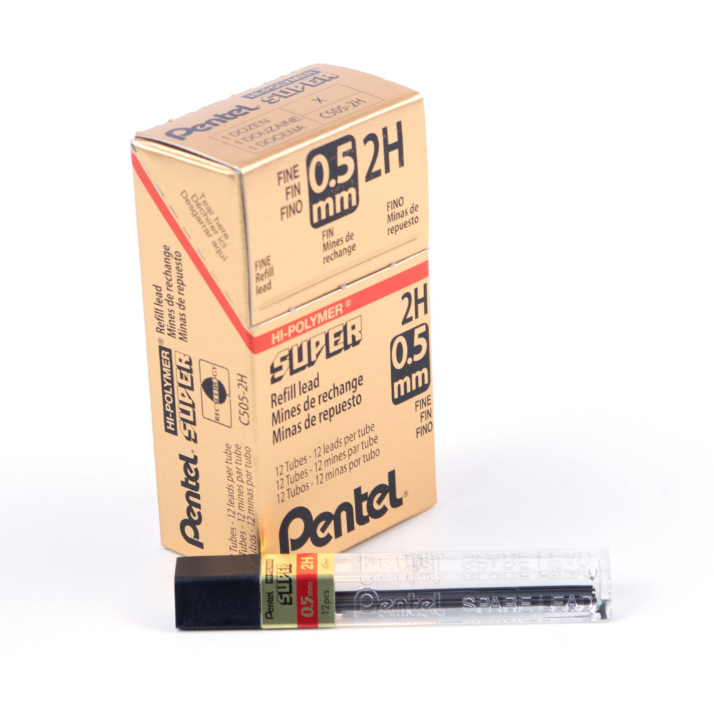 Recharges de mines Pentel Super Hi-Polymer 2H – 0,5 mm – 12 recharges/tube – Lot de 12