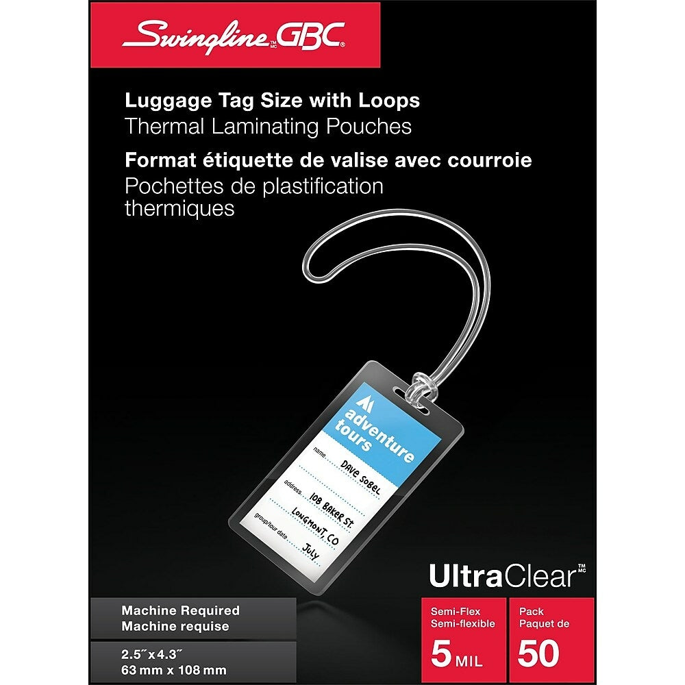 Pochettes de plastification Swingline GBC UltraClear 5 mm, étiquette de bagage avec passants, transparentes, paquet de 50