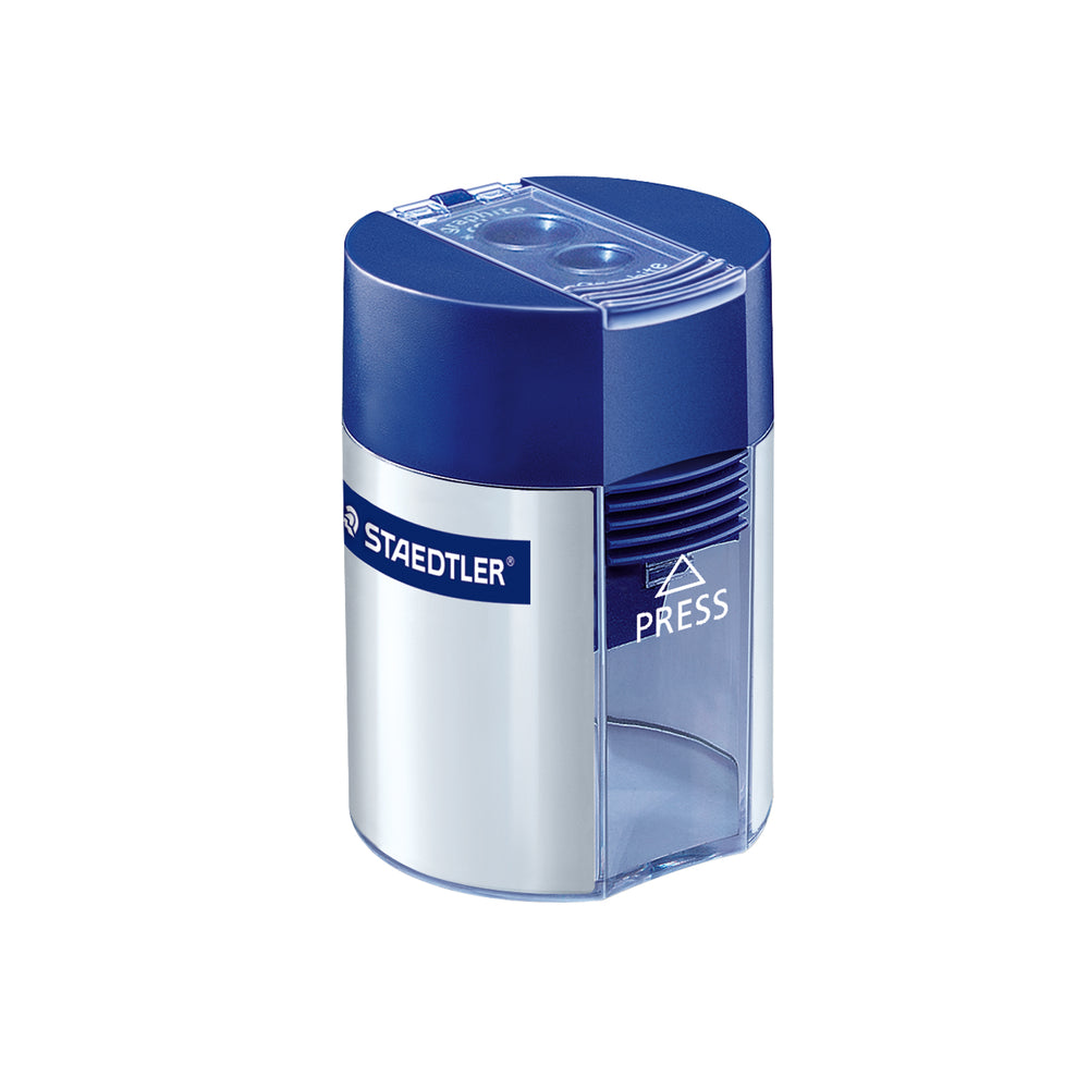 Staedtler Premium-Quality Metal Sharpener with Round Container - 2 Holes - Silver and Blue