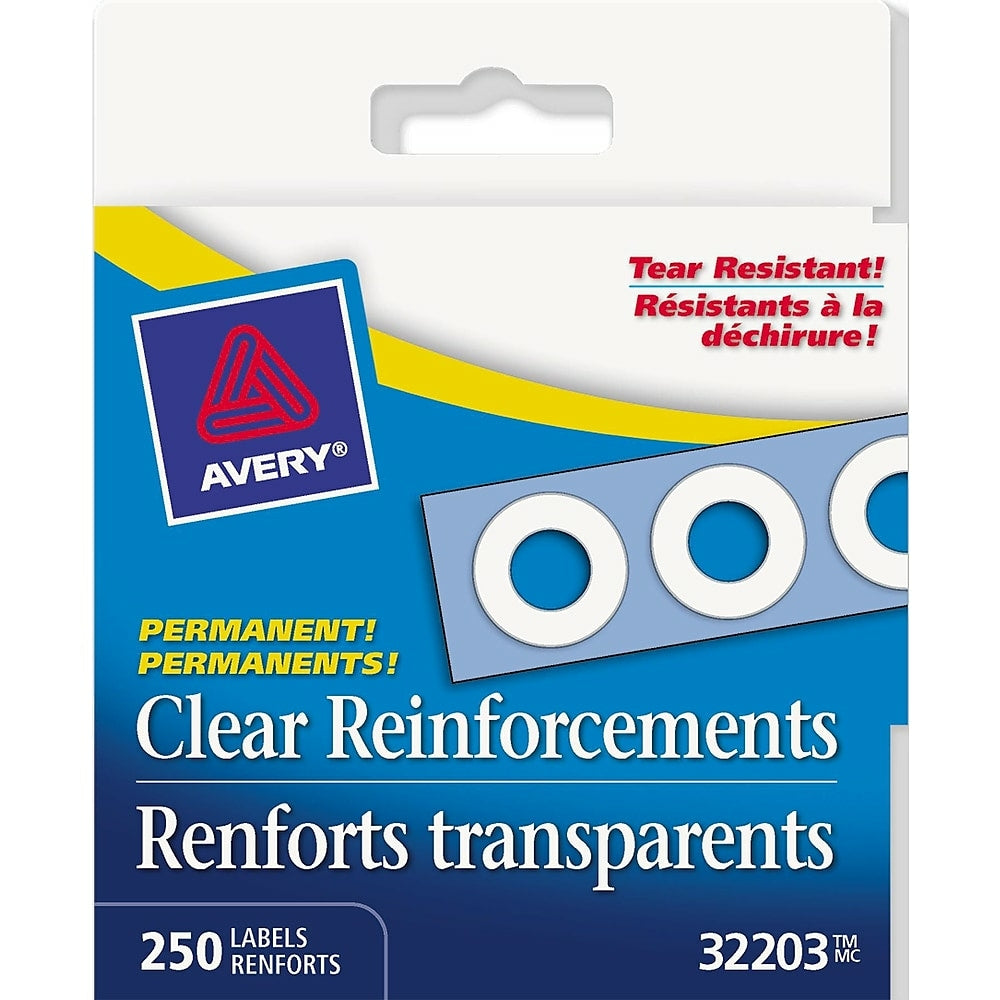 Avery Clear Self-Adhesive Permanent Reinforcement Labels, 1/4", Clear Mylar, 250 Pack, (32203)