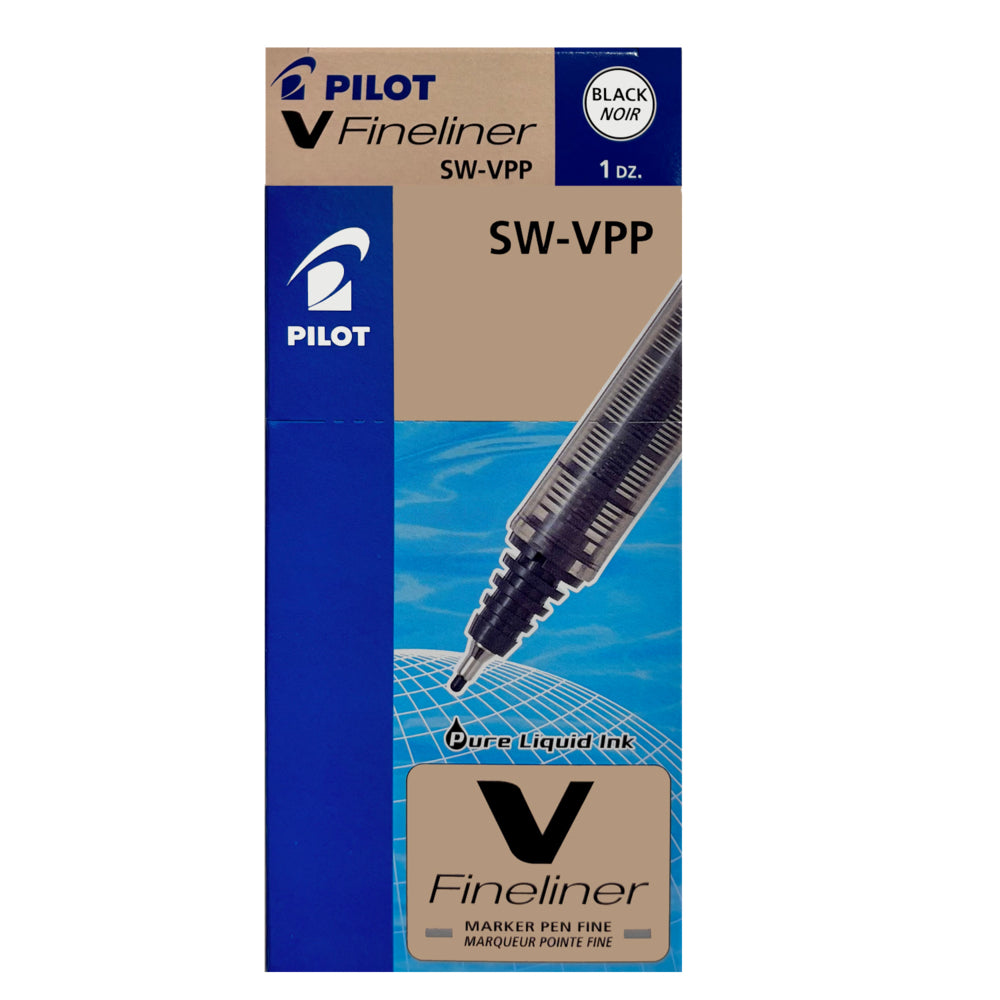 Feutre Pilot V Fineliner à encre liquide à base d'eau - Pointe fine - 1,2 mm - Noir - Lot de 12