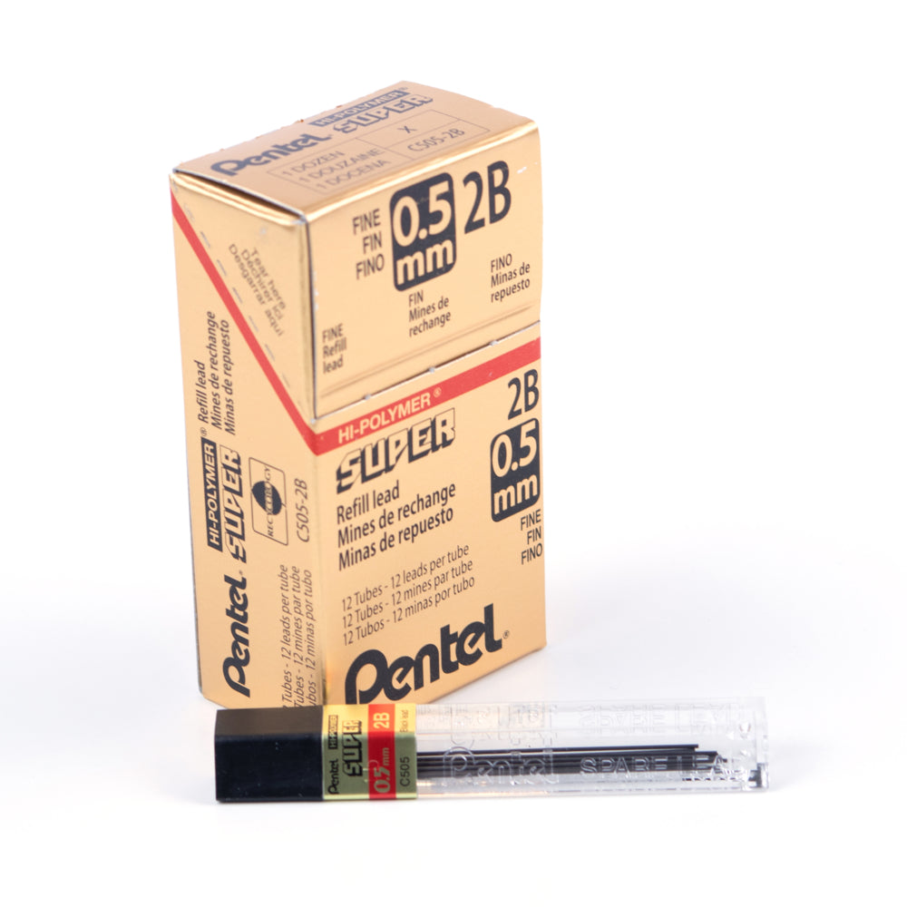 Pentel Super Hi-Polymer 2B Lead Refills - 0.5mm - 12 Refills/Tube - 12 Pack