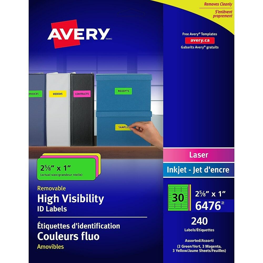 Étiquettes multi-usages amovibles Avery, assortiment de couleurs néon, pour imprimante laser/jet d'encre, 2-5/8" x 1", paquet de 240 (06476)