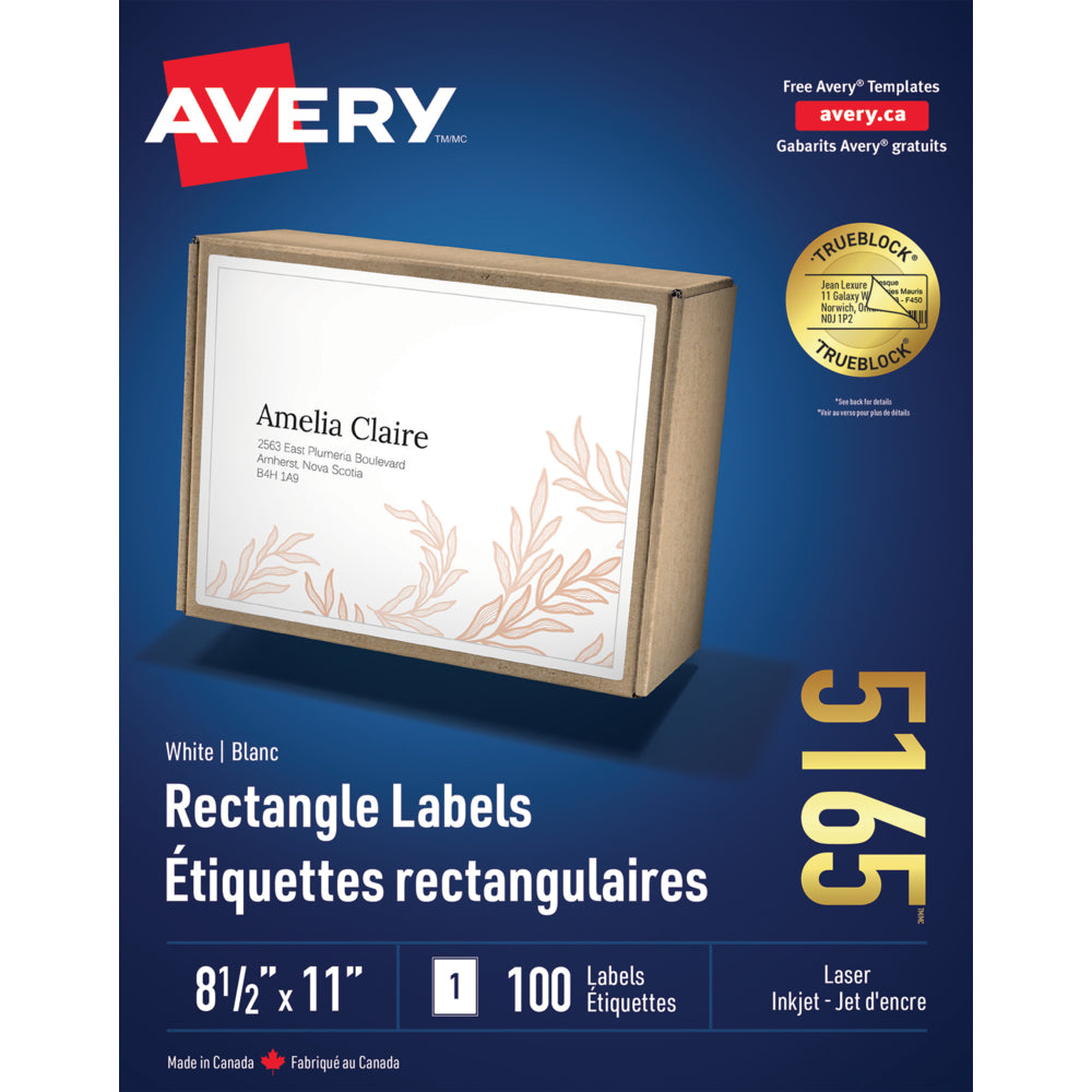 Avery TrueBlock Laser/Inkjet Shipping Labels - 8-1/2" x 11" - White - 100 Pack (5165)