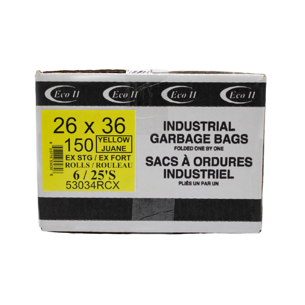 Sacs poubelle Eco II - 26 x 36 po - Extra résistants - Jaune - Rouleau de 25 - Paquet de 6
