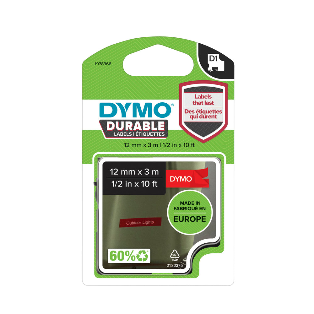 DYMO D1 Durable Labeling Tape for LabelManager Label Makers - 1/2"W x 10'L - White Print on Red Tape