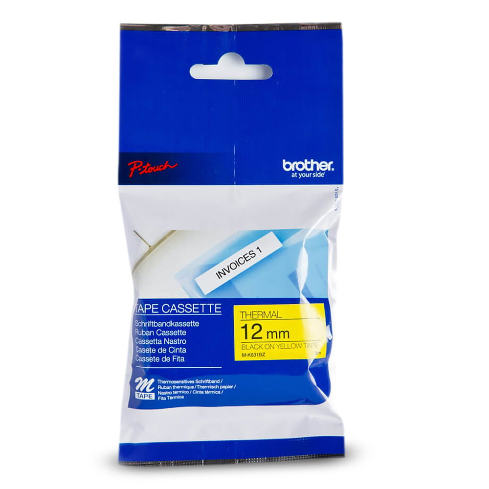 Ruban adhésif non laminé noir sur jaune Brother MK631 d'origine pour étiqueteuses P-touch, 12 mm de large x 8 m de long