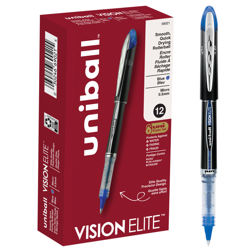Stylos roller Uni-Ball Vision Elite - Micropointe (0,5 mm) - Bleu - Lot de 12