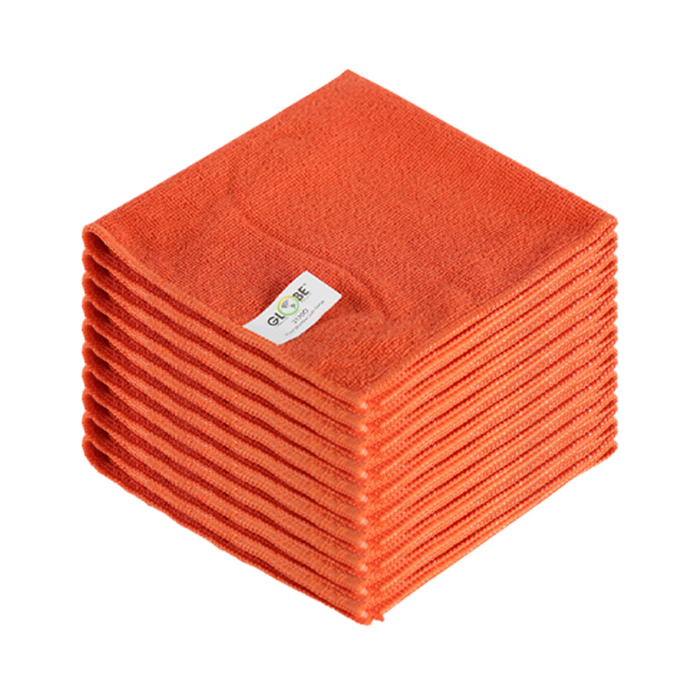 Globe Commercial, 3130O Microfiber Cloth - 16" x 16" - Orange - 10 Pack