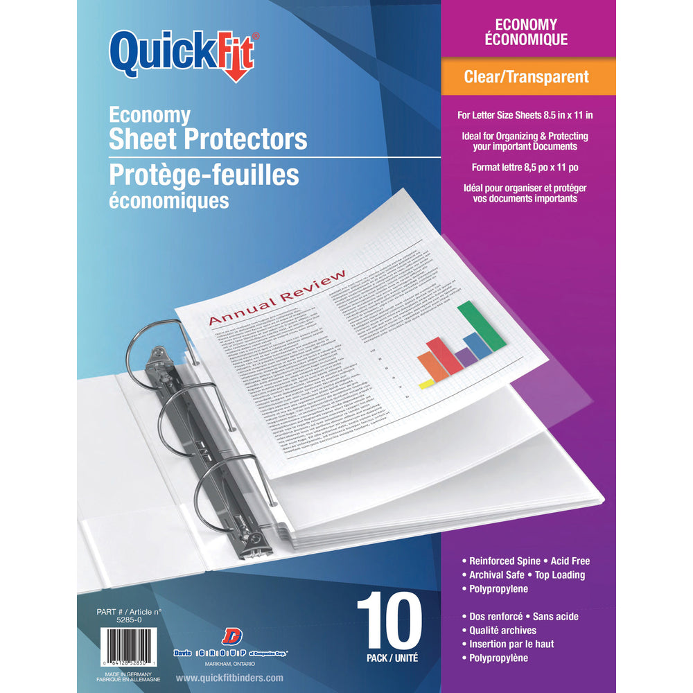 Protège-feuilles à chargement par le haut Davis Group QuickFit – Économiques 2 mil. – Format lettre – Transparents – Paquet de 10