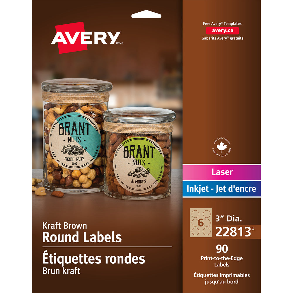 Avery Kraft Laser/Inkjet Print-to-the-Edge Round Labels, Permanent, 3" Diameter, 90 Pack (22813)