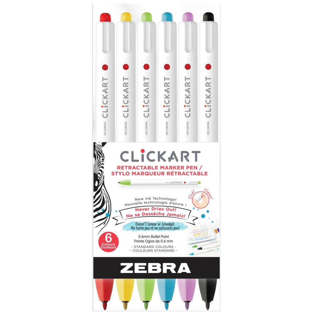 Zebra ClickArt Retractable Marker - 0.6 mm Fine Point - Assorted colours - 6 Pack