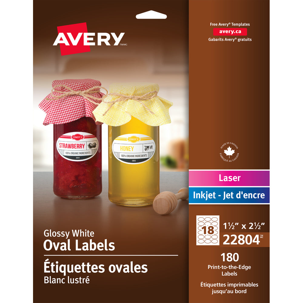 Étiquettes ovales Avery blanches brillantes, impression permanente jusqu'au bord, 3,8 x 6,3 cm, paquet de 180 (22804)