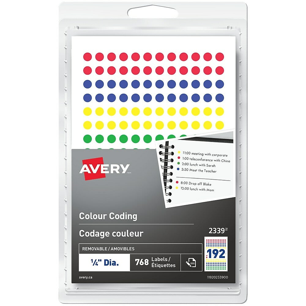 Étiquettes de codage couleur amovibles Avery, rondes de 6,35 mm, assorties, paquet de 768 (2339)