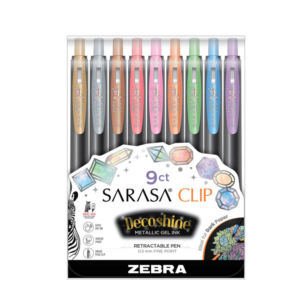 Stylos gel rétractables Zebra Sarasa Clip Decoshine - Couleurs assorties - Lot de 9