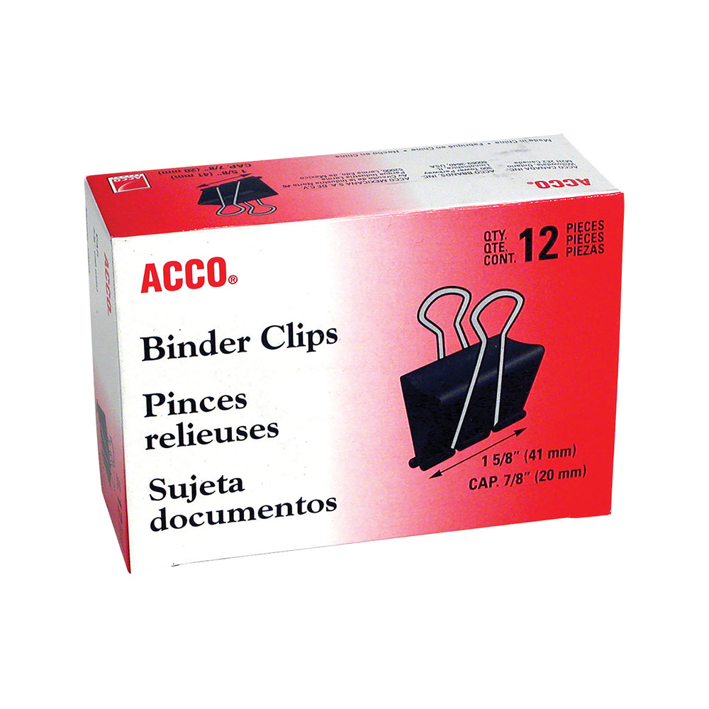 ACCO Fold-Back Binder Clips - Medium (1-5/8") - 5/8" Capacity - Black - 12 Pack