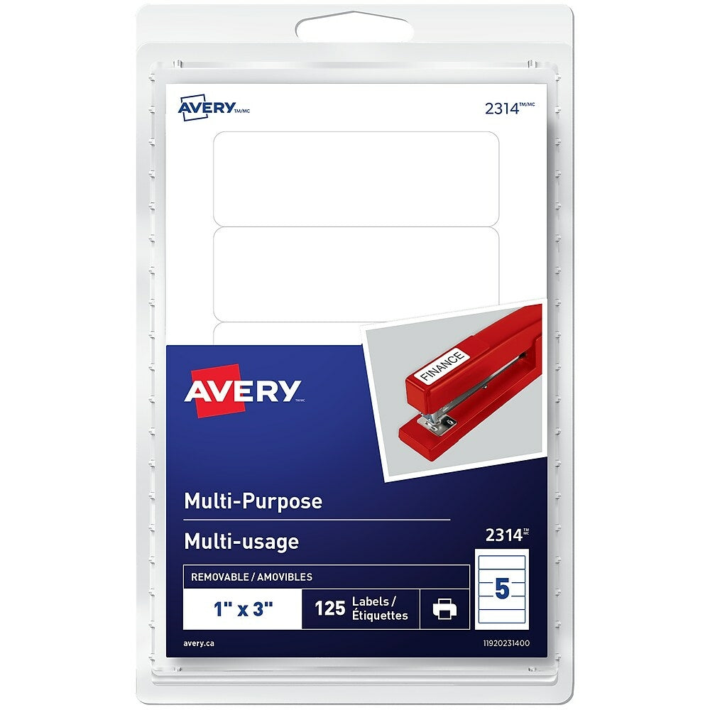 Étiquettes rectangulaires amovibles multi-usages Avery blanches, imprimables ou enregistrables, 2,5 x 7,6 cm, paquet de 125 (2314)