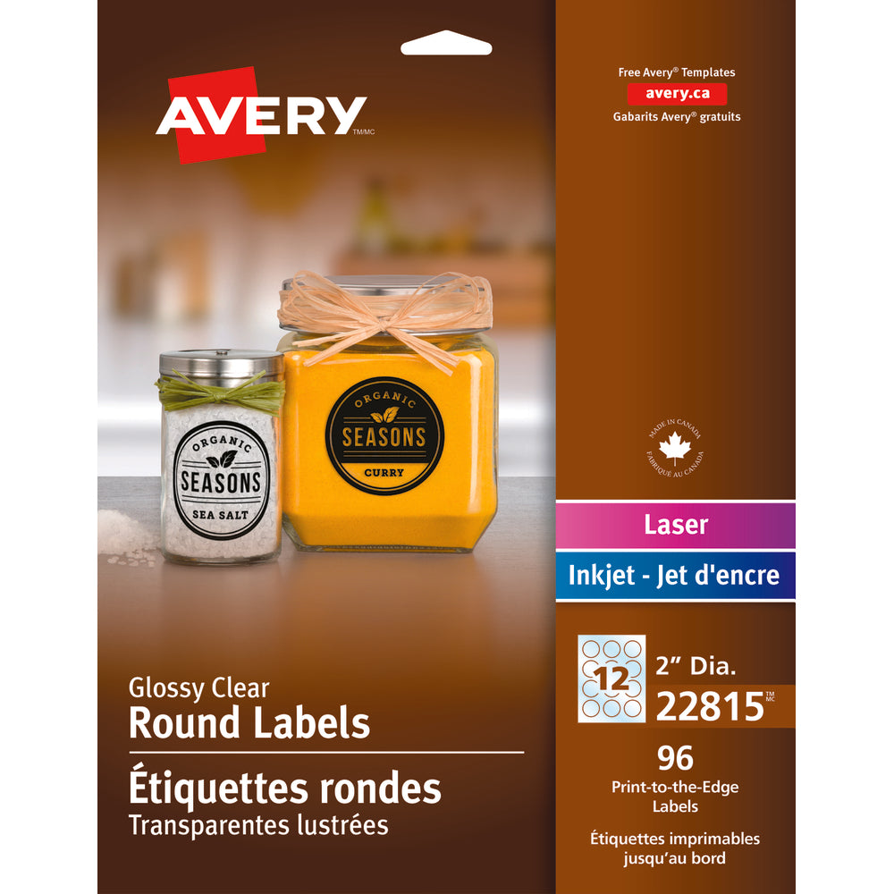 Avery Clear Laser/Inkjet Glossy Print-to-the-Edge Round Labels, Permanent, 2" Diameter, 96 Pack (22815)