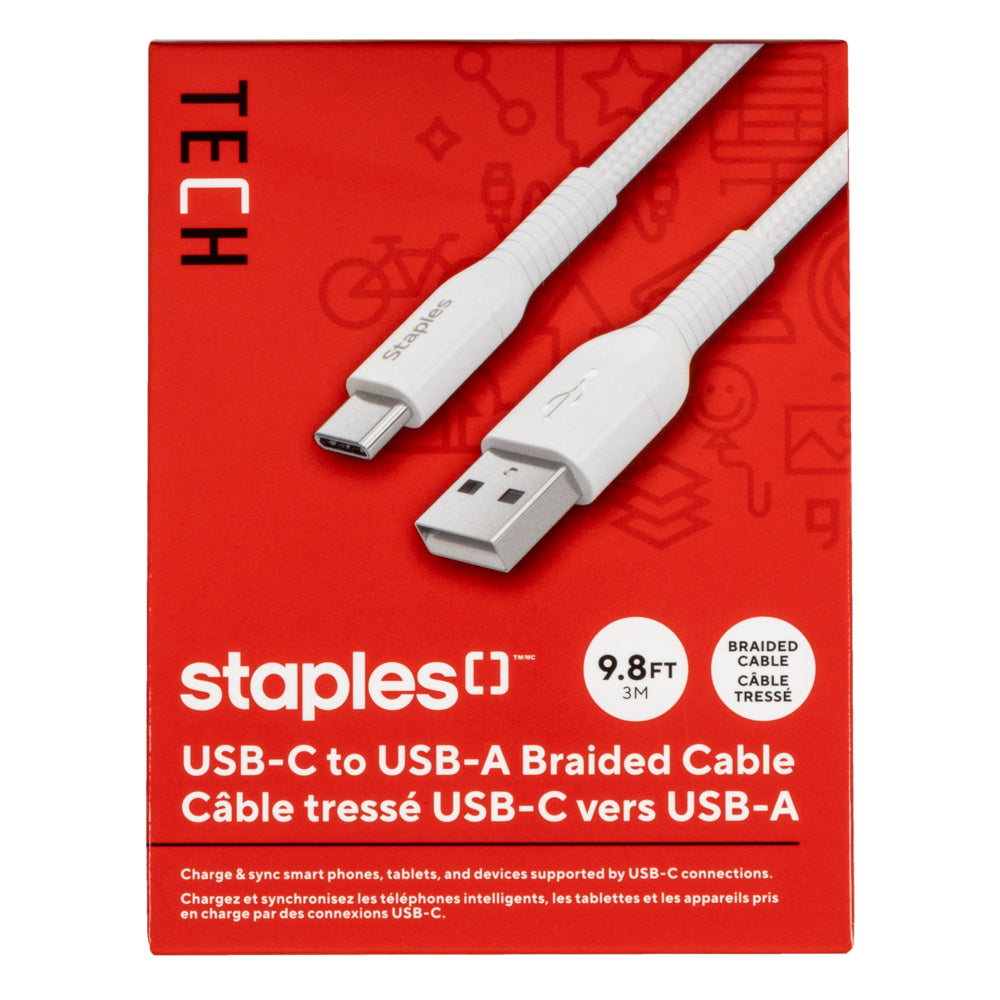Staples TECH USB-C to USB-A Charging Cable - 9.8 ft. - White
