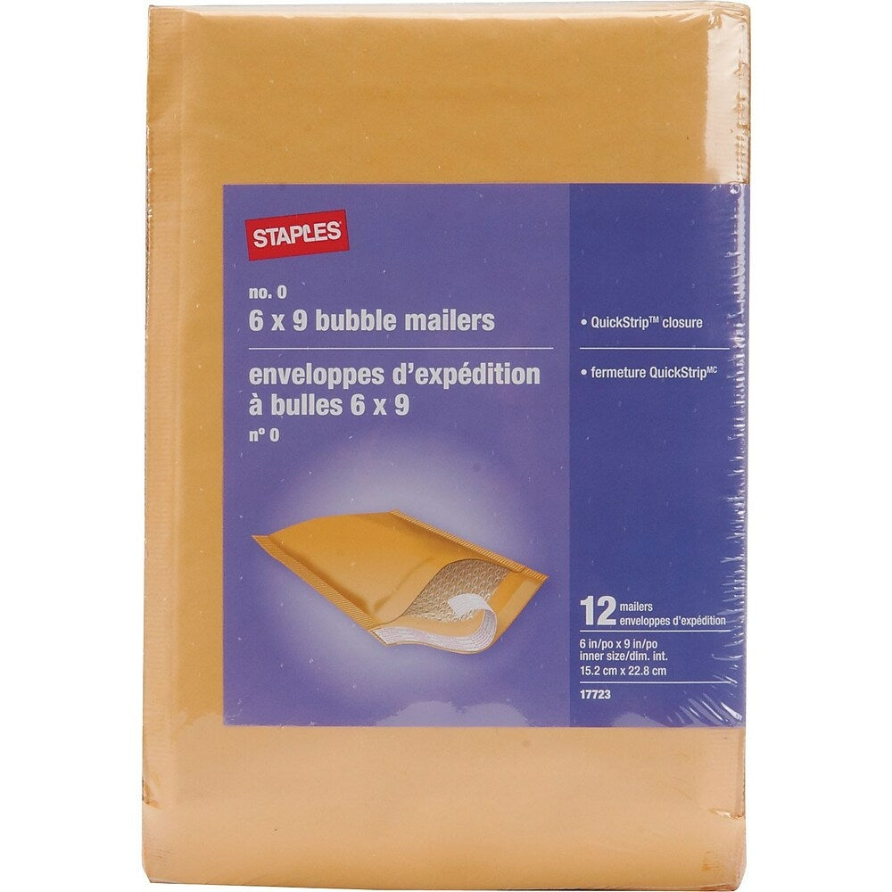 Enveloppe à bulles Staples n° 0 avec rabat QuickStrip - 6" x 9" - Kraft brun - Paquet de 12