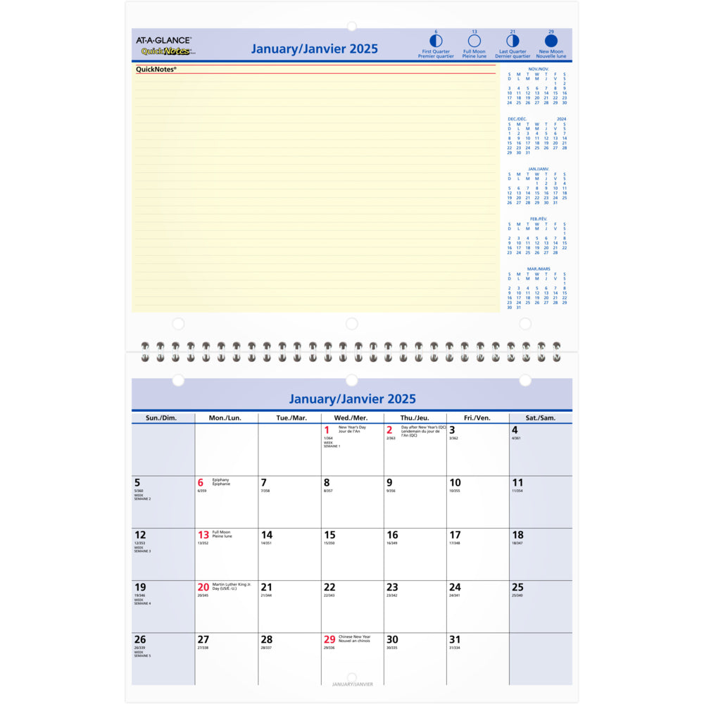 AT-A-GLANCE 2025 QuickNotes Monthly Wall/Desk Calendar - 8" H x 11" W - Bilingual