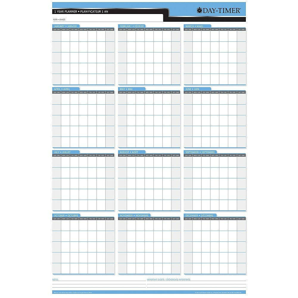 Day-Timer Undated Flexible Erasable Horizontal/Vertical 1-Year Wall Planner - 24" x 36" - Bilingual