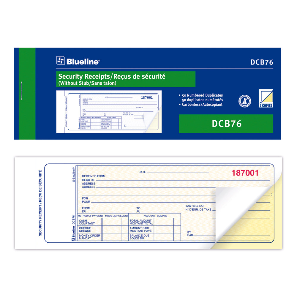Blueline DCB76 Carnet de reçus de sécurité bilingue - 50 exemplaires
